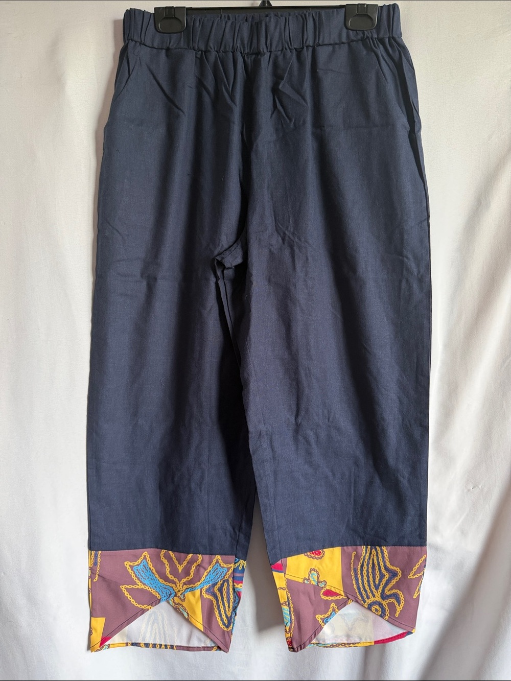 Navy Cropped Ankle Pants with Printed Hem